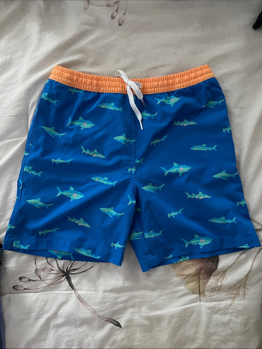 chubbies Blue Shark Swim Trunks with Orange Waistband